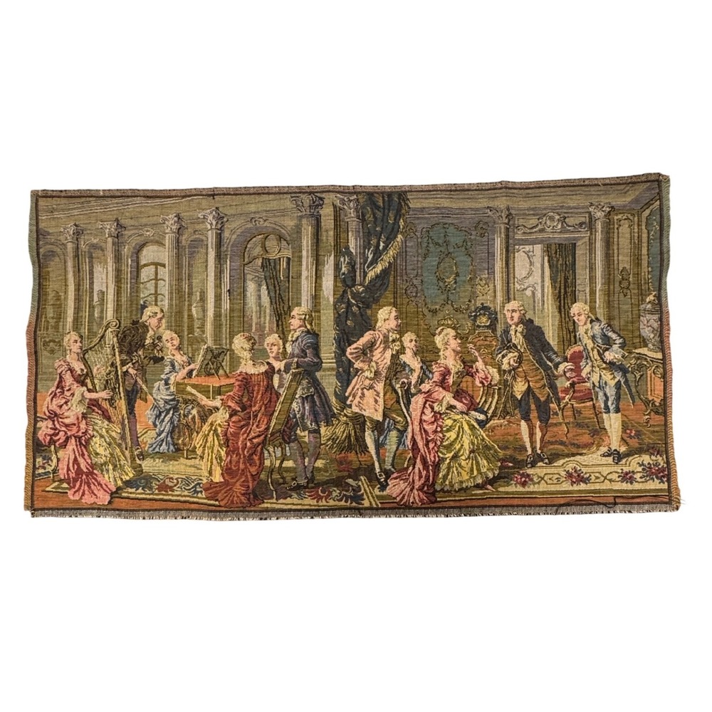 Vintage Belgian Woven Tapestry‎ 18th Century Ballroom Scene Wall Hanging 38x19